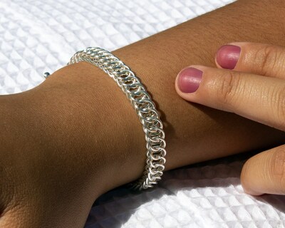 Layered Chain Bracelet in Sterling Silver, Custom Length Chainmail in Half Persian with Toggle Clasp - image2
